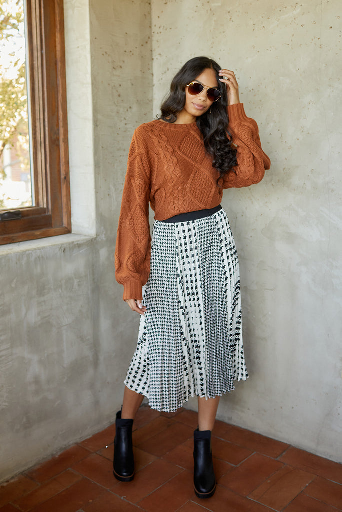 SALE - Rena Houndstooth Printed Pleated Midi Skirt - fab'rik