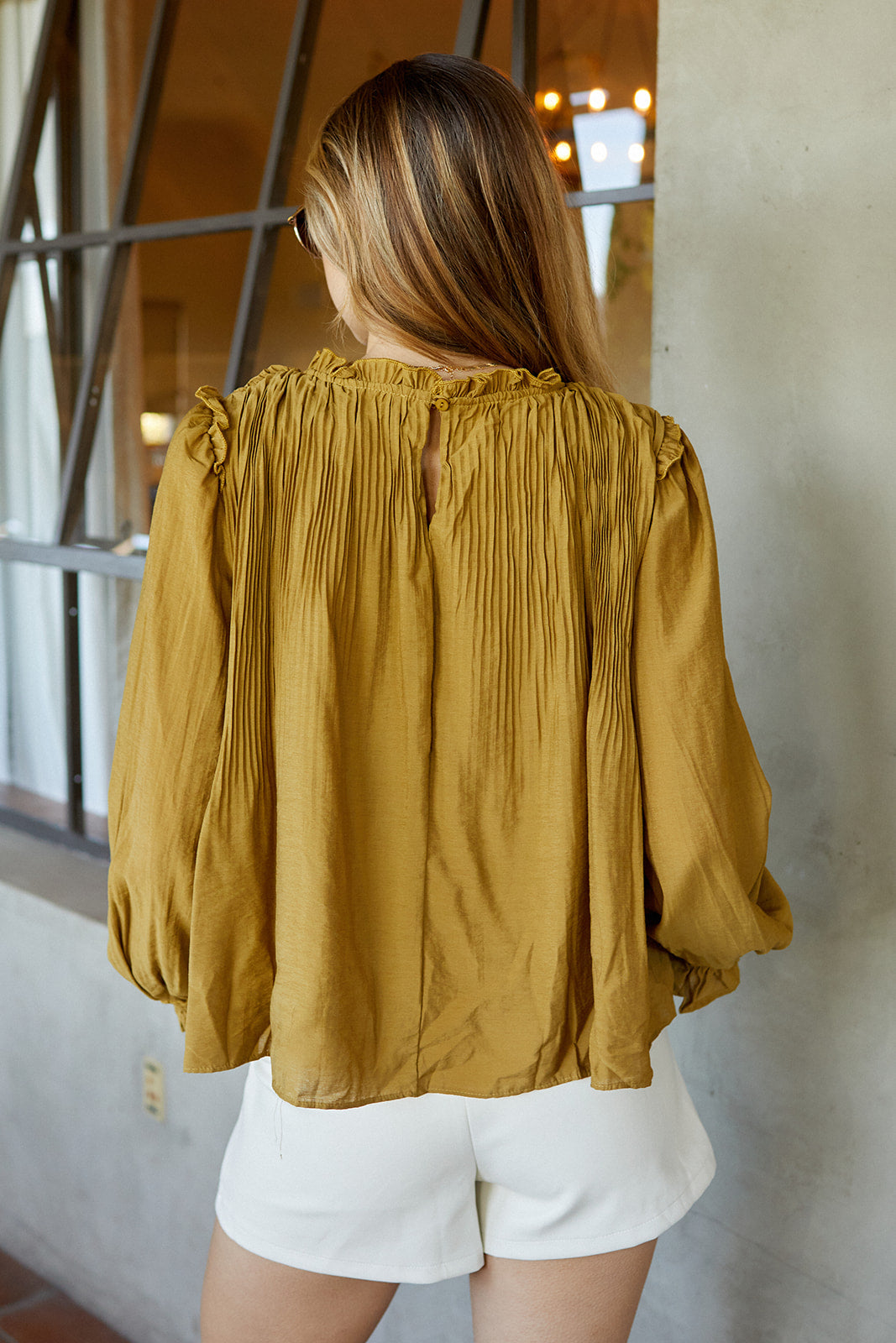 SALE - Vendi Pleated Ruffle Trim Blouse - fab'rik