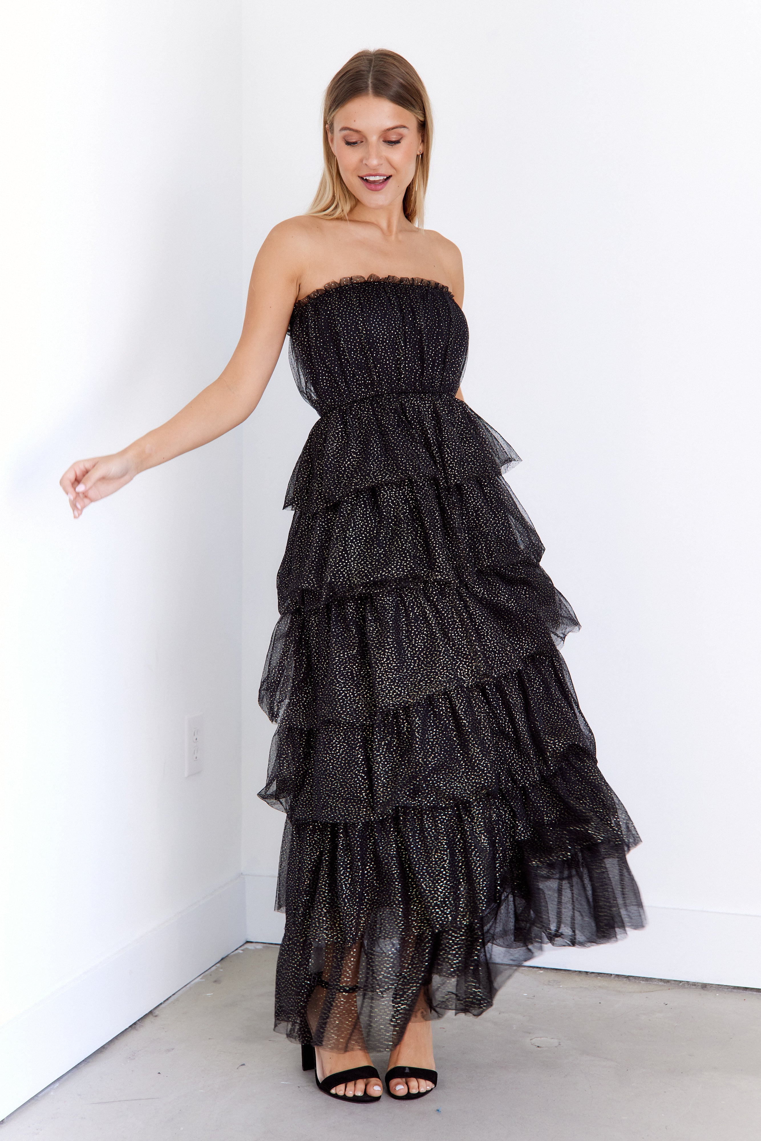 Porsha Tiered Gold Dot Tulle Dress - fab'rik