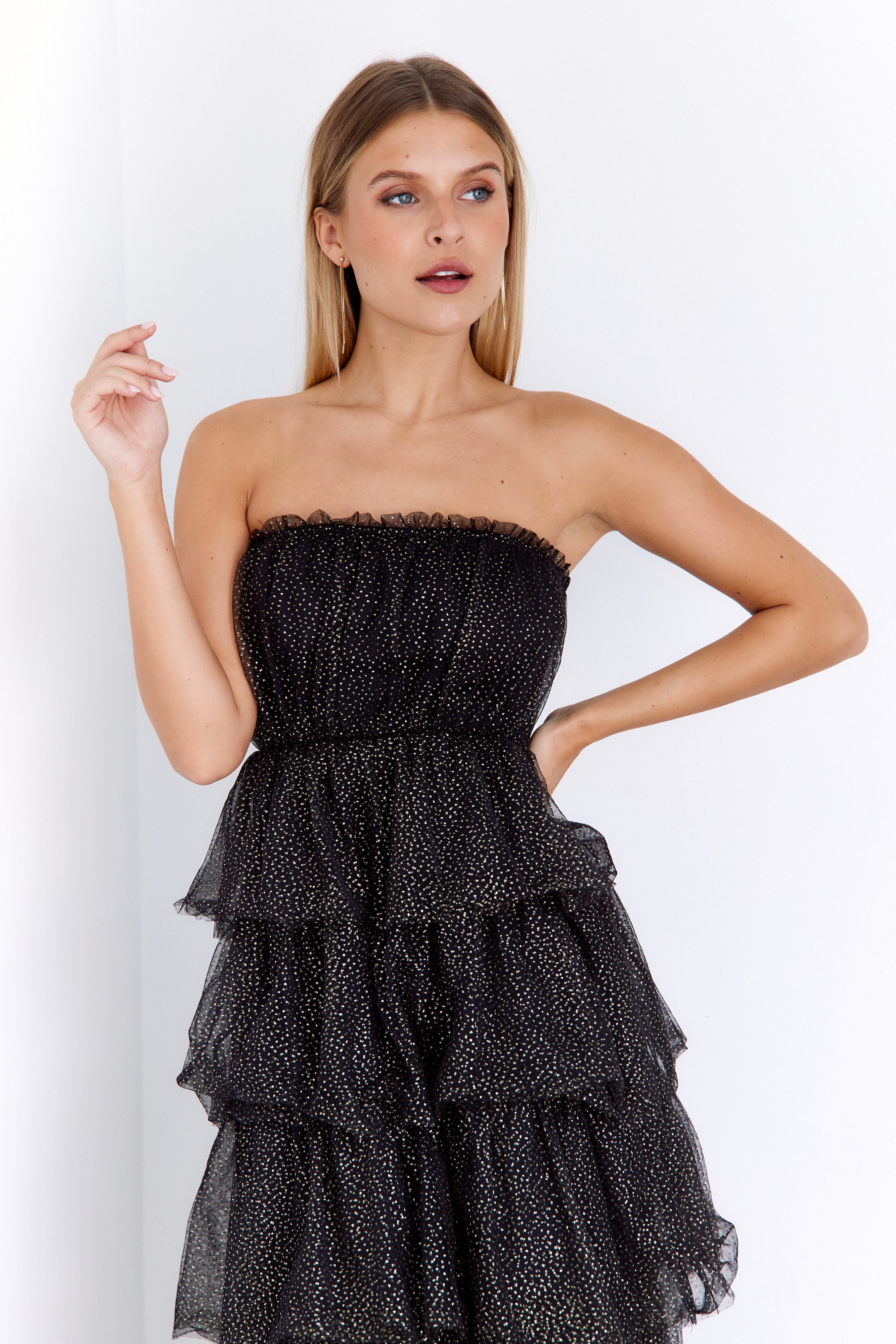 Porsha Tiered Gold Dot Tulle Dress - fab'rik