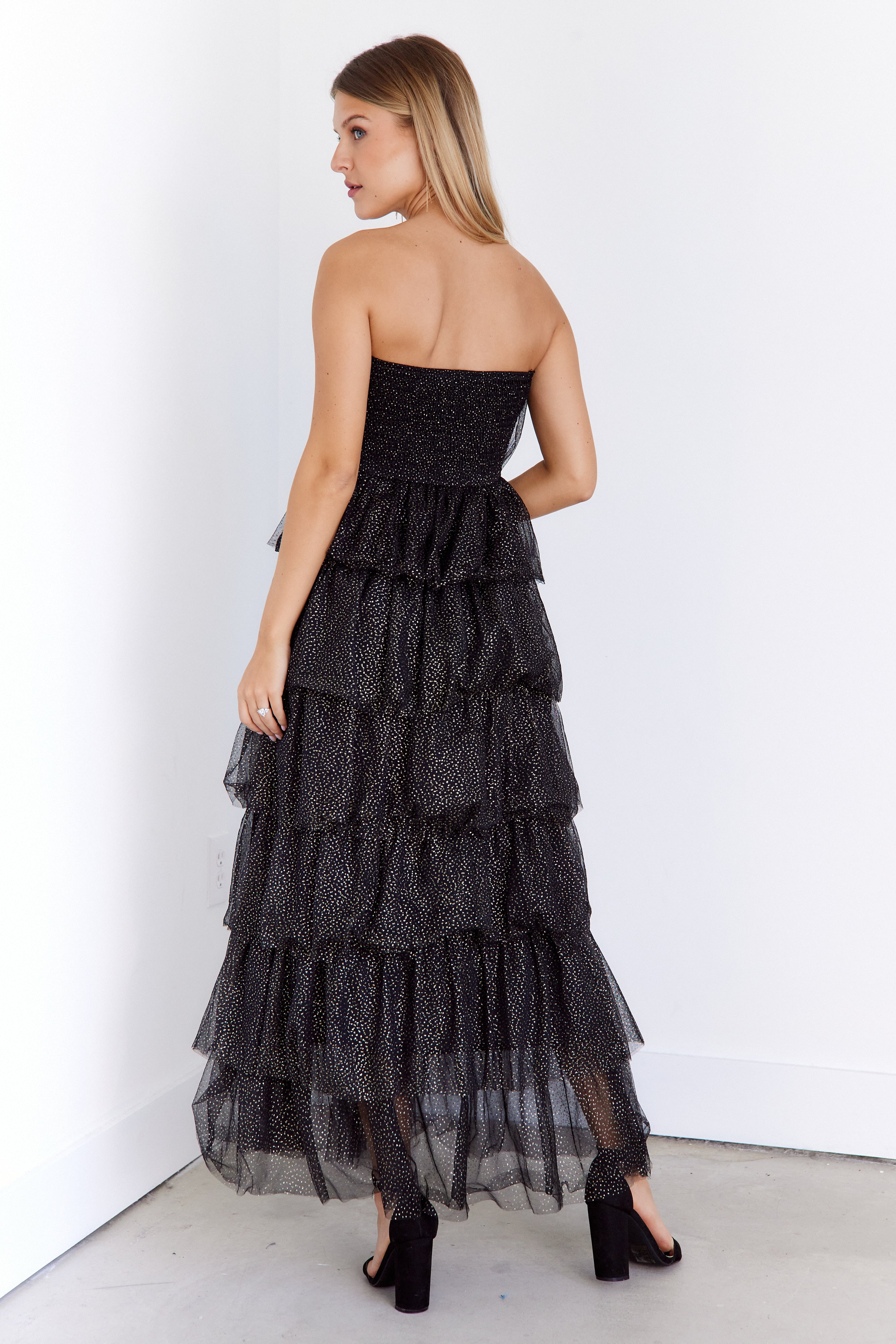 Porsha Tiered Gold Dot Tulle Dress - fab'rik