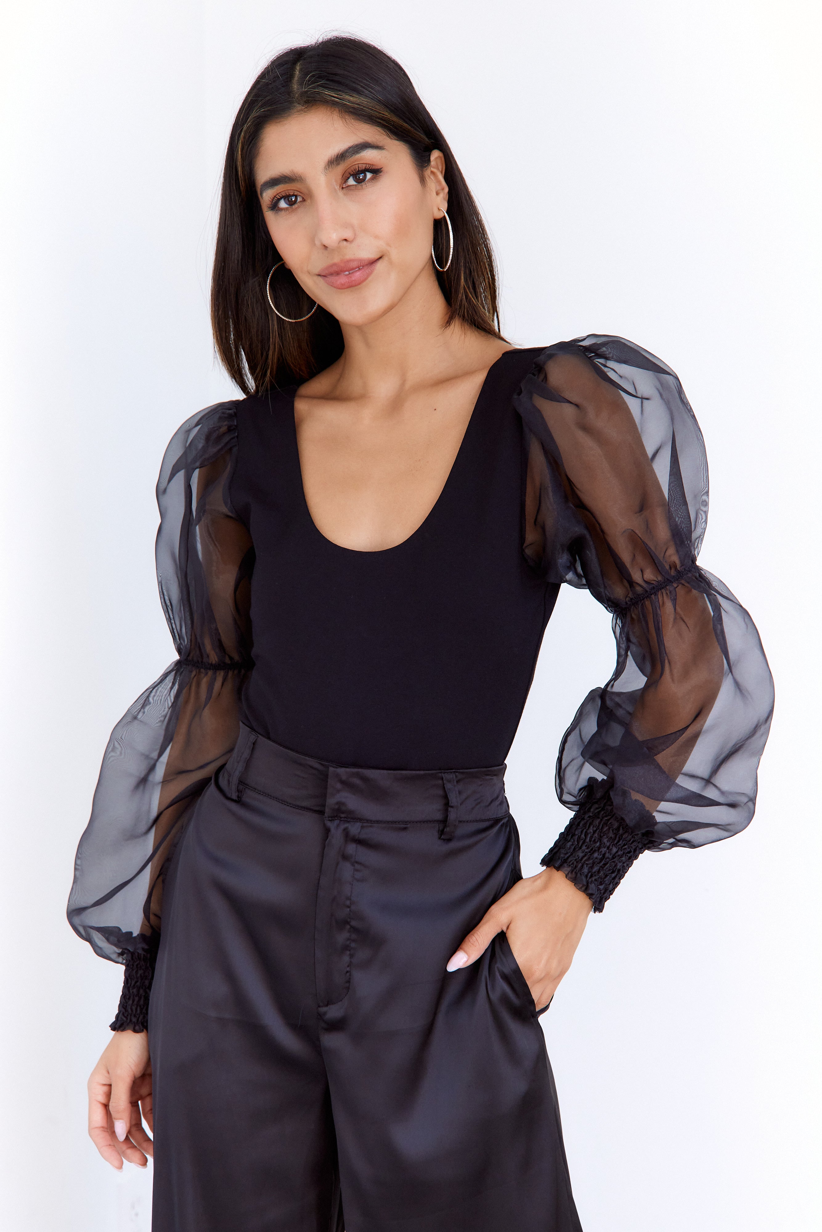 Aneesa Sheer Puff Sleeve Bodysuit - fab'rik