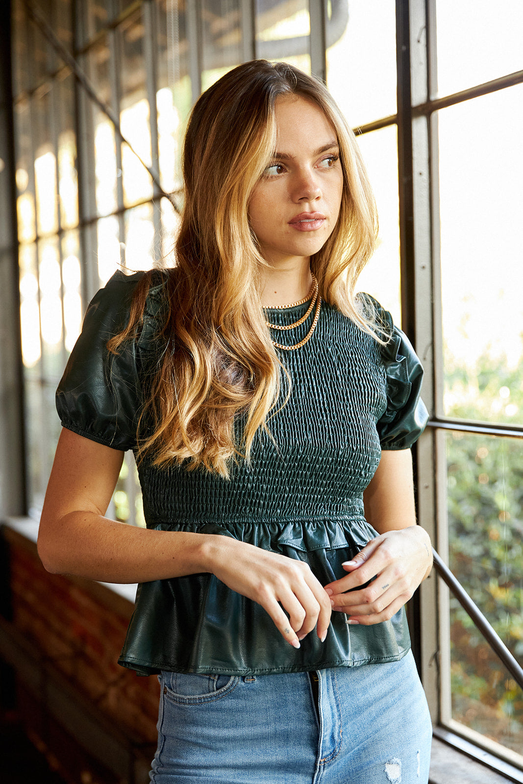 SALE - Marley Faux Leather Smocked Blouse - fab'rik