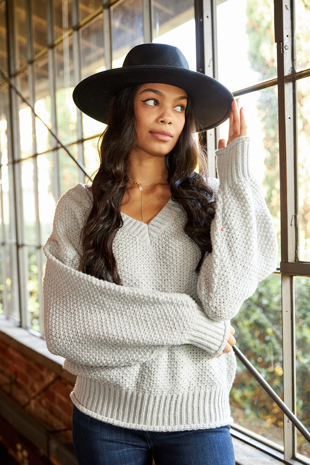 SALE - Kelsea V Neck Ribbed Hem Sweater - fab'rik