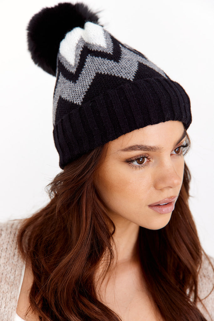 Kerri Sherpa Lined Pom Pom Chevron Beanie - fab'rik