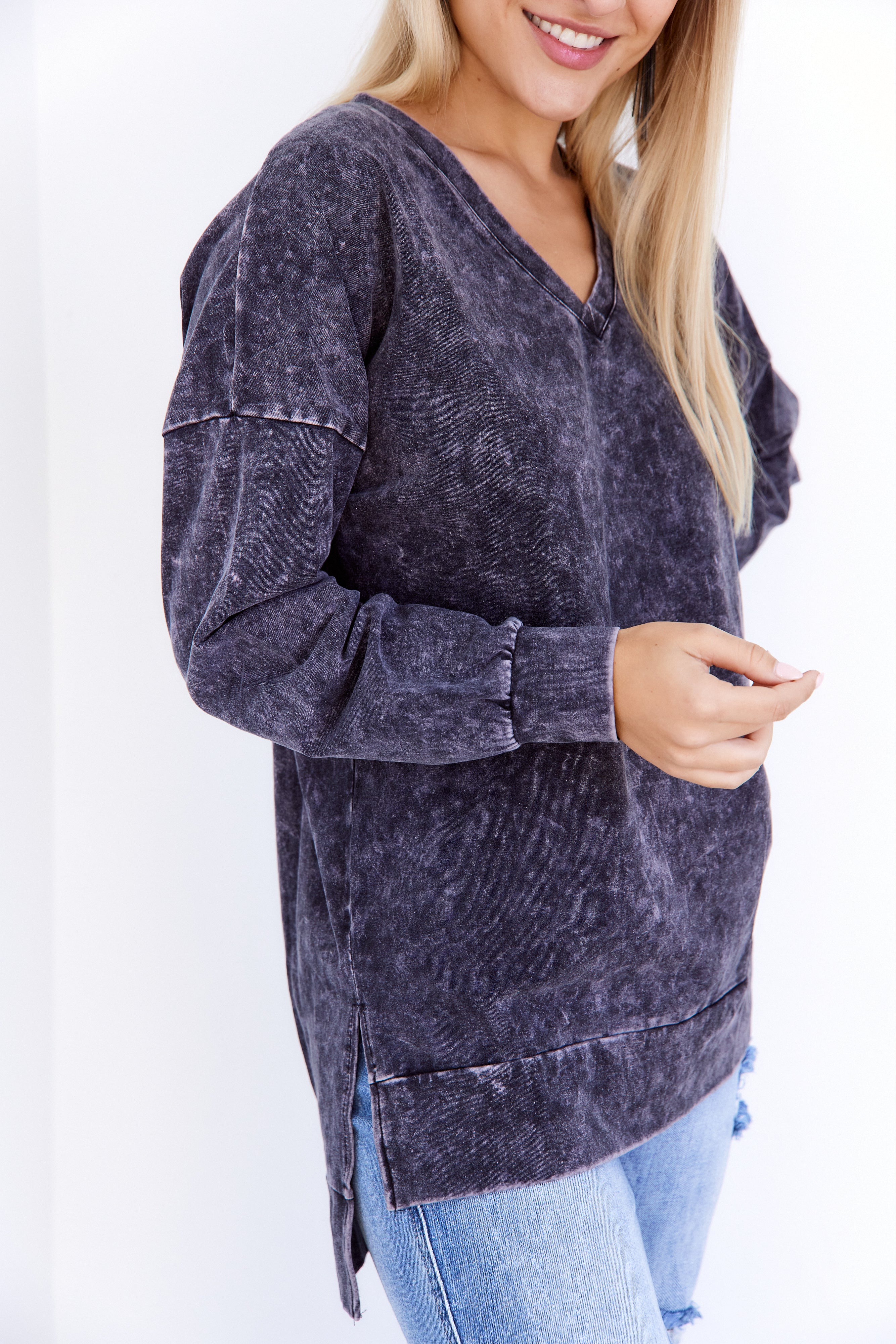 Rhea Mineral Wash V-Neck Sweatshirt - fab'rik