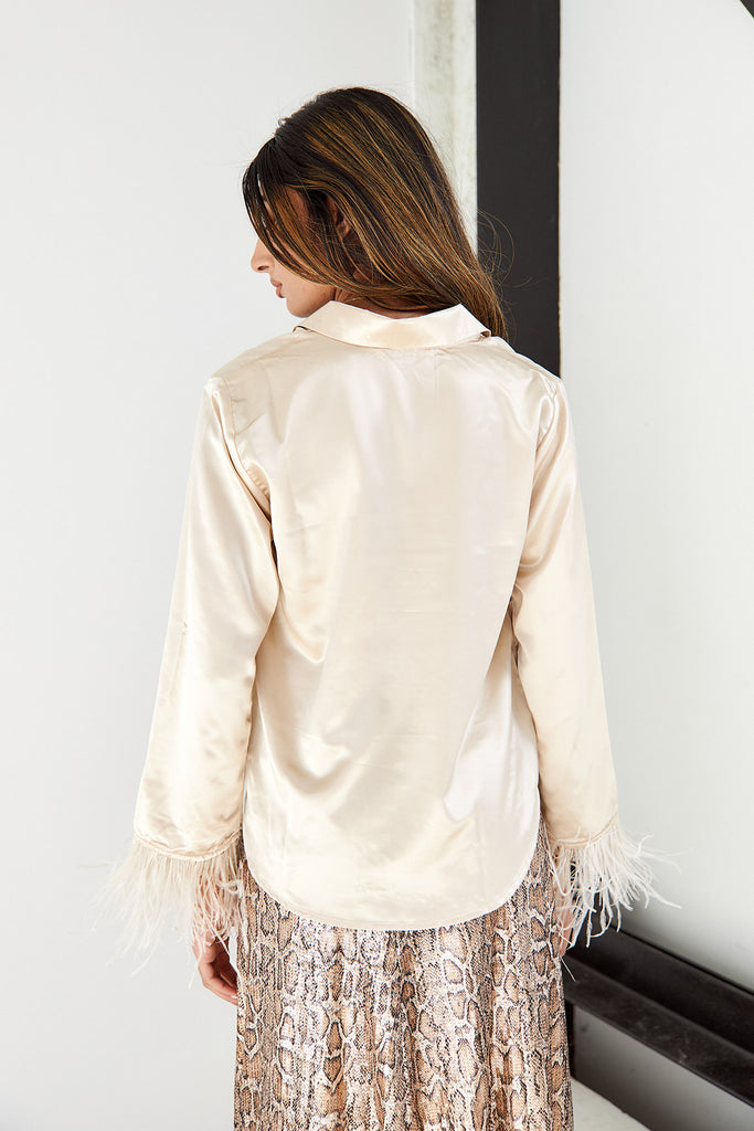 SALE - Kezia Feather Trim Button Down Blouse - fab'rik