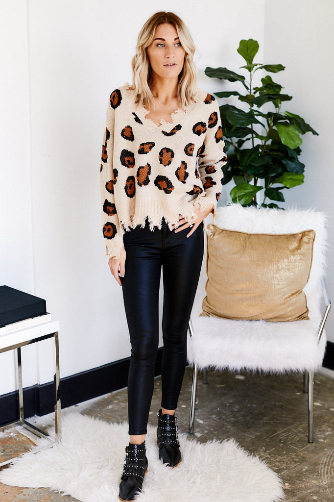 Callie Distressed Leopard V-Neck Sweater - fab'rik