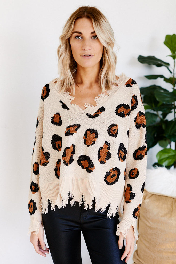 Callie Distressed Leopard V-Neck Sweater - fab'rik