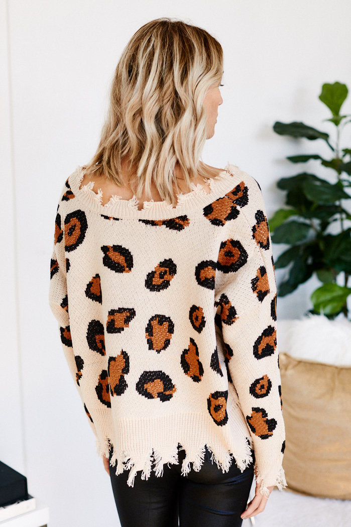 Callie Distressed Leopard V-Neck Sweater - fab'rik