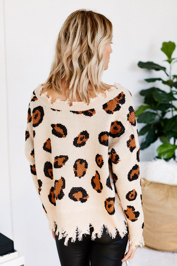 Callie Distressed Leopard V-Neck Sweater - fab'rik