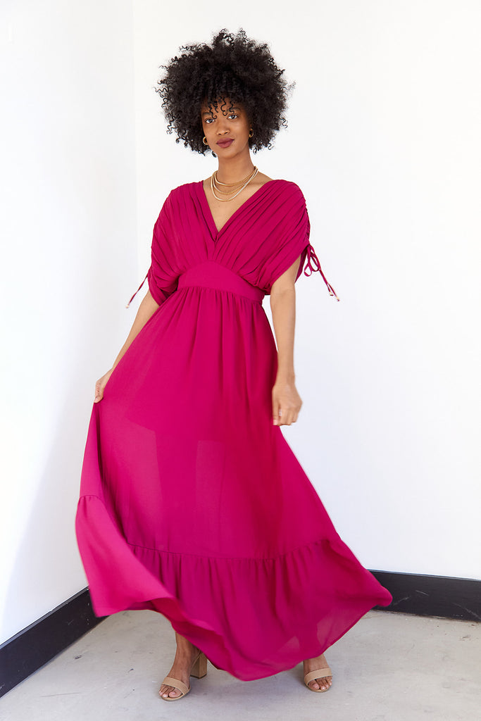 Jeri Ruched Detail Pleated Maxi Dress - fab'rik
