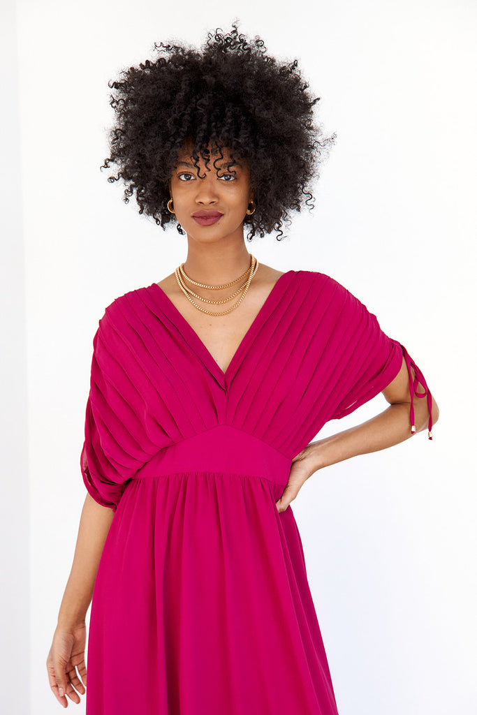 Jeri Ruched Detail Pleated Maxi Dress - fab'rik