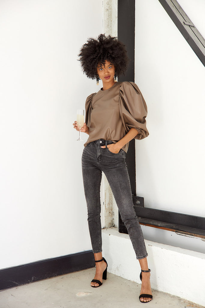 SALE - Sybil Faux Leather Puff Sleeve Blouse - fab'rik