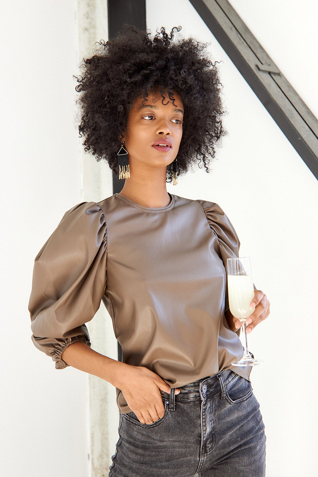 SALE - Sybil Faux Leather Puff Sleeve Blouse - fab'rik