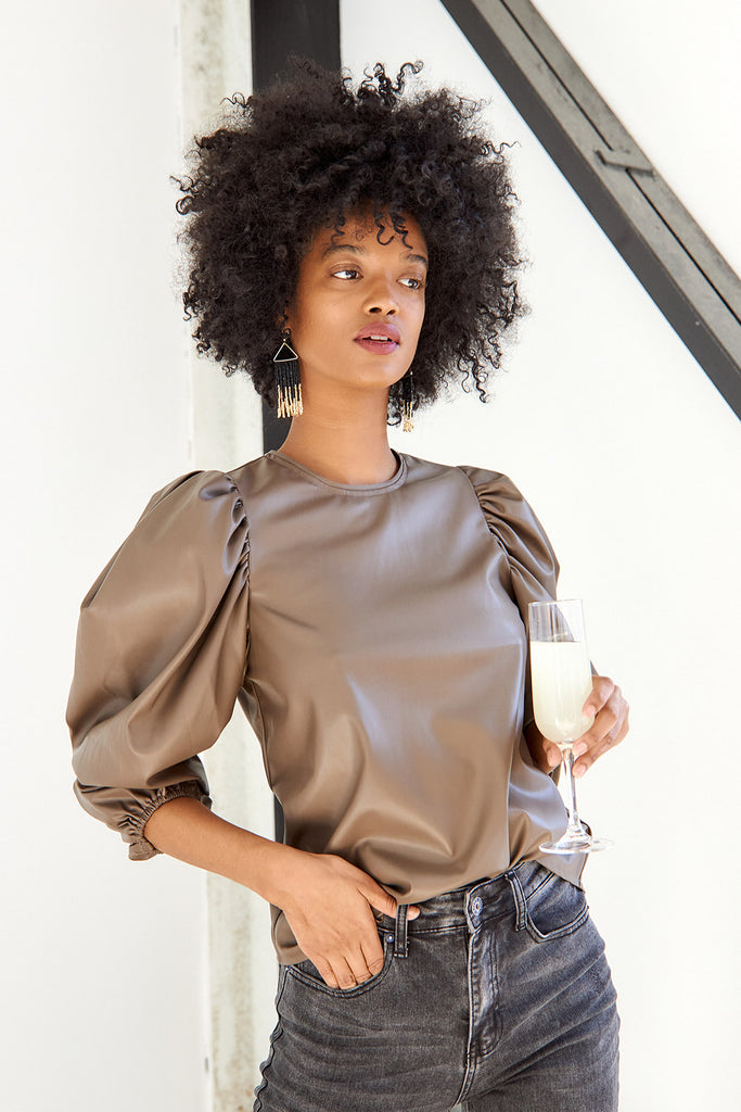 SALE - Sybil Faux Leather Puff Sleeve Blouse - fab'rik