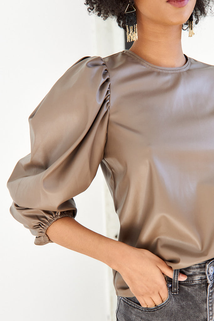 SALE - Sybil Faux Leather Puff Sleeve Blouse - fab'rik
