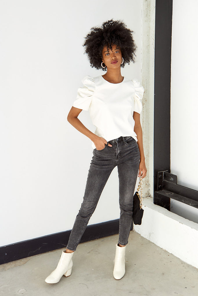 SALE - Monteign Faux Leather Short Sleeve Blouse - fab'rik