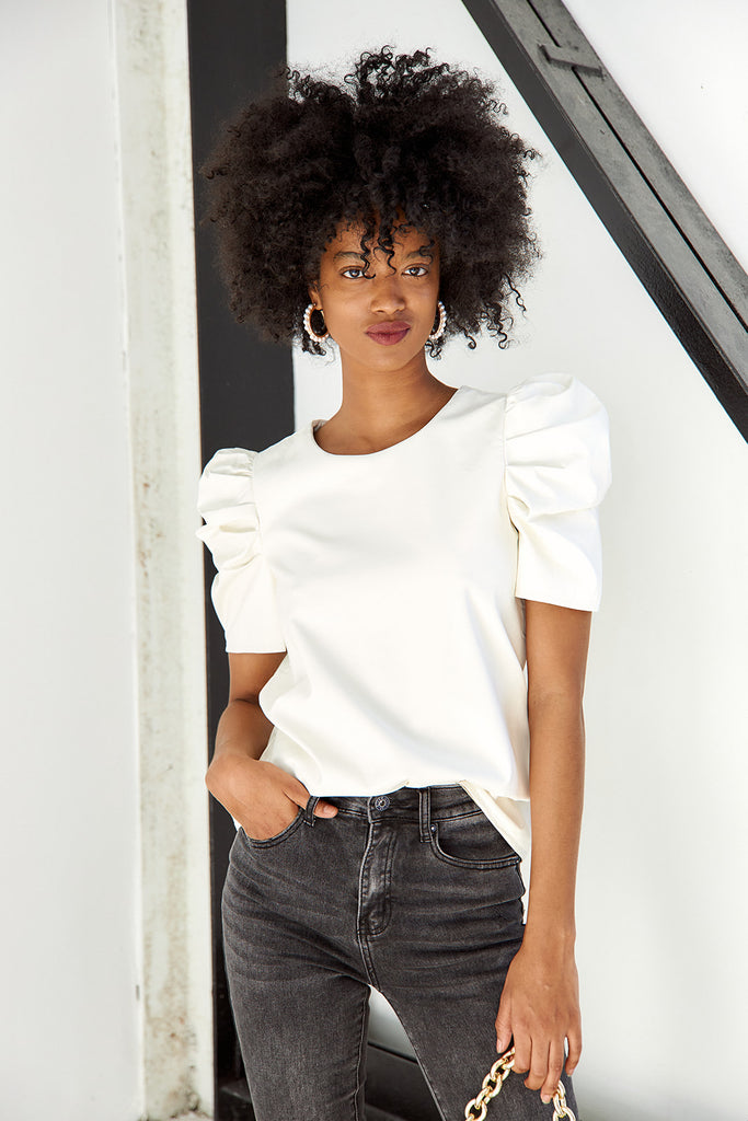 SALE - Monteign Faux Leather Short Sleeve Blouse - fab'rik