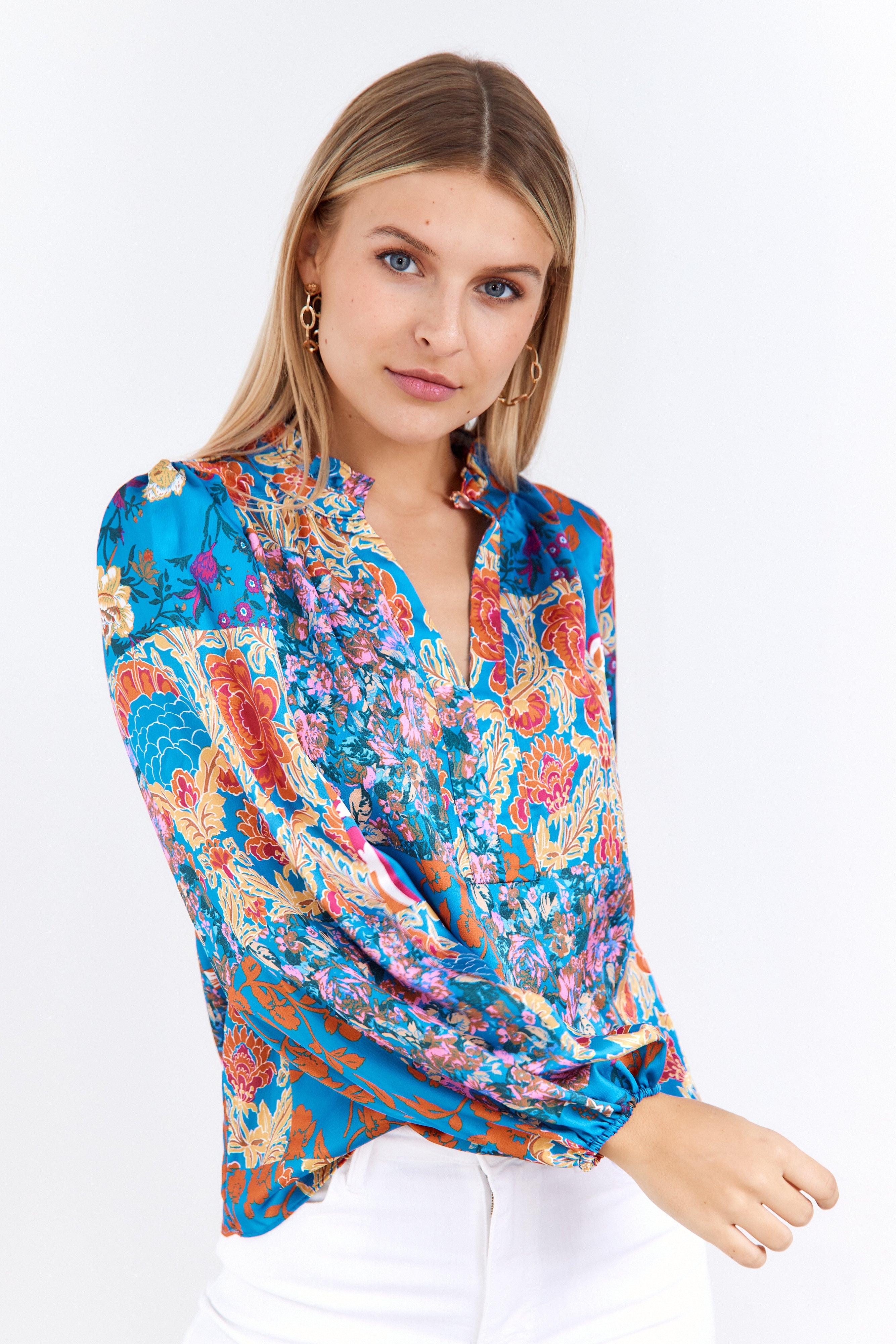 Micah Scarf Print Split Neck Blouse - fab'rik