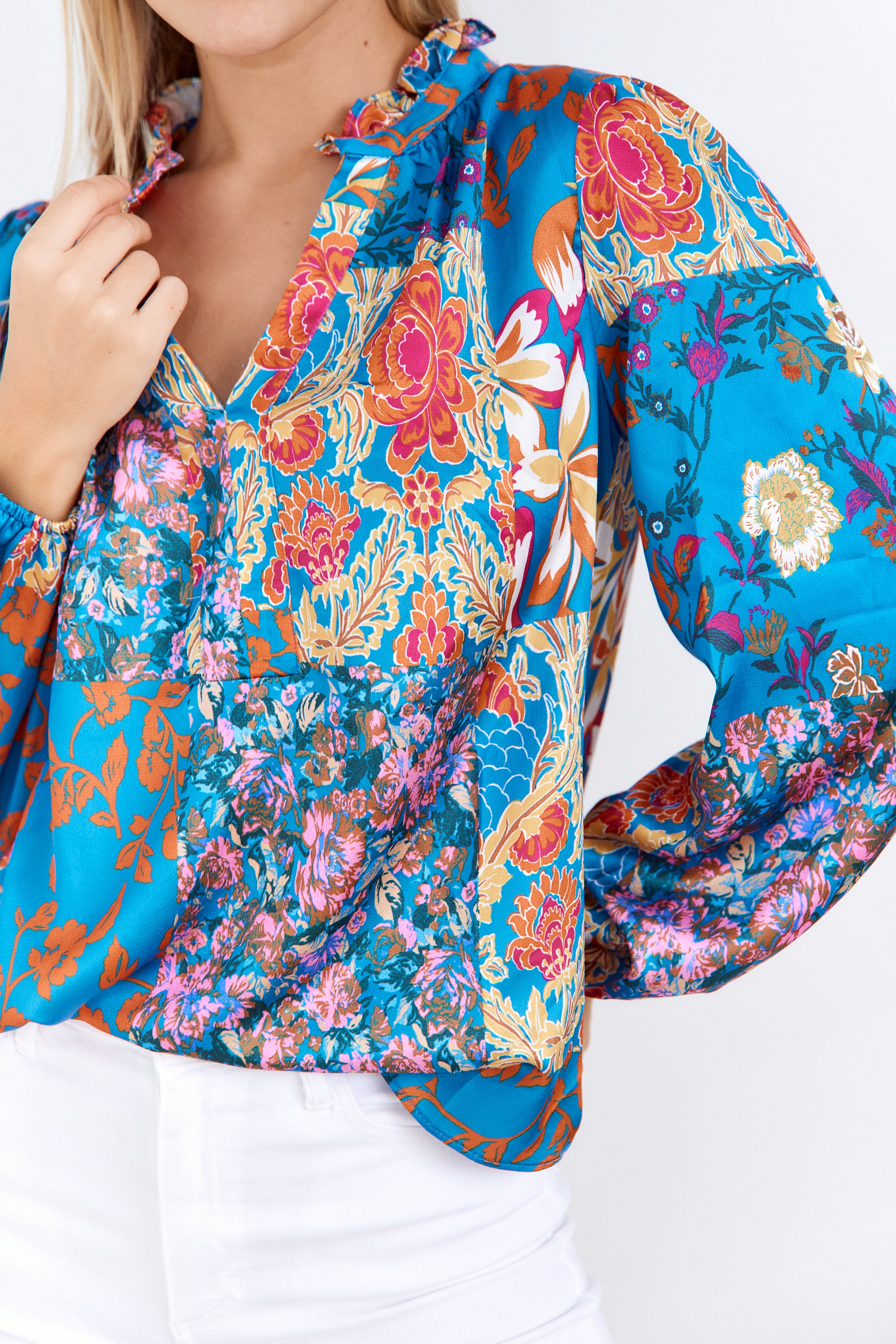 Micah Scarf Print Split Neck Blouse - fab'rik
