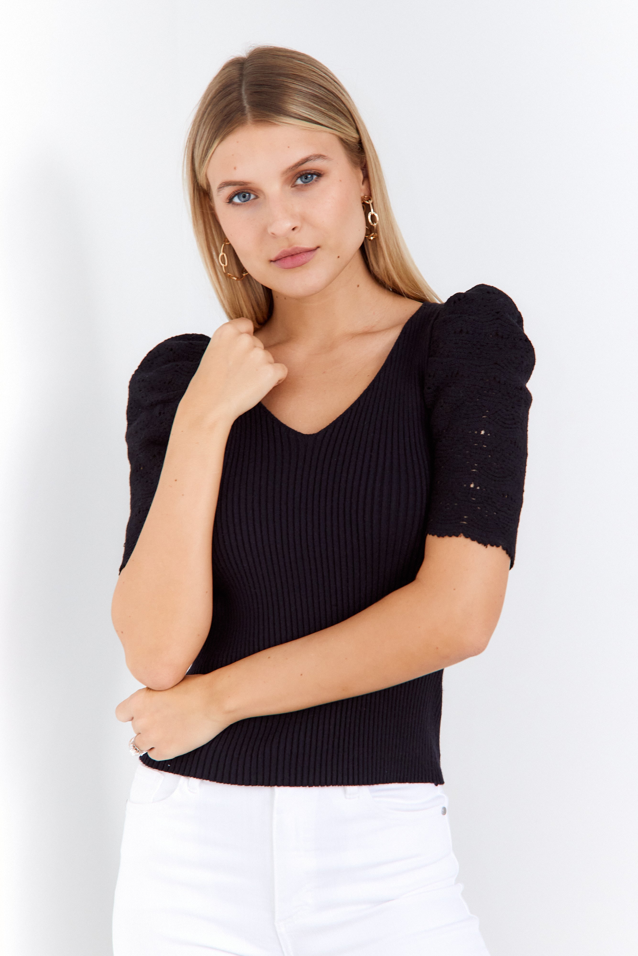 Gail Puff Crochet Sleeve Sweater - fab'rik