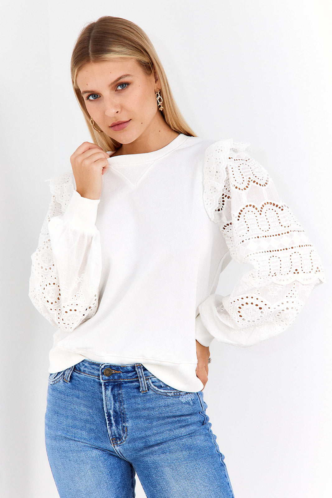 Eyelet Sleeve Crew Neck Pullover - fab'rik