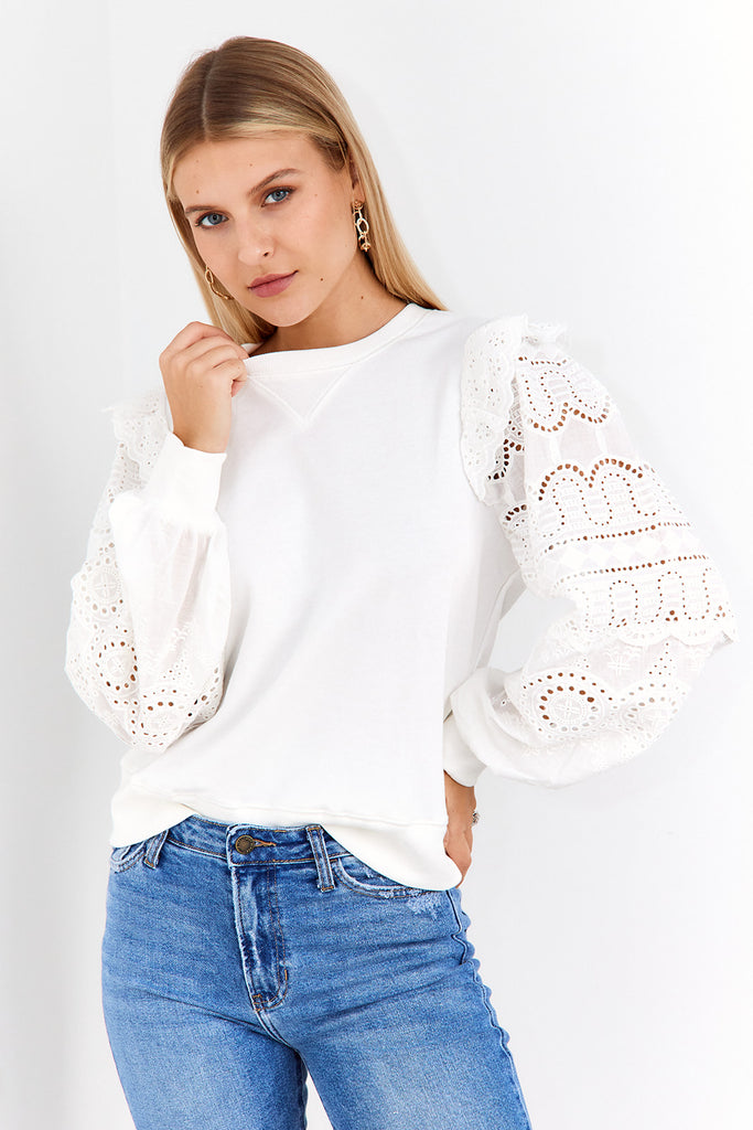 Eyelet Sleeve Crew Neck Pullover - fab'rik