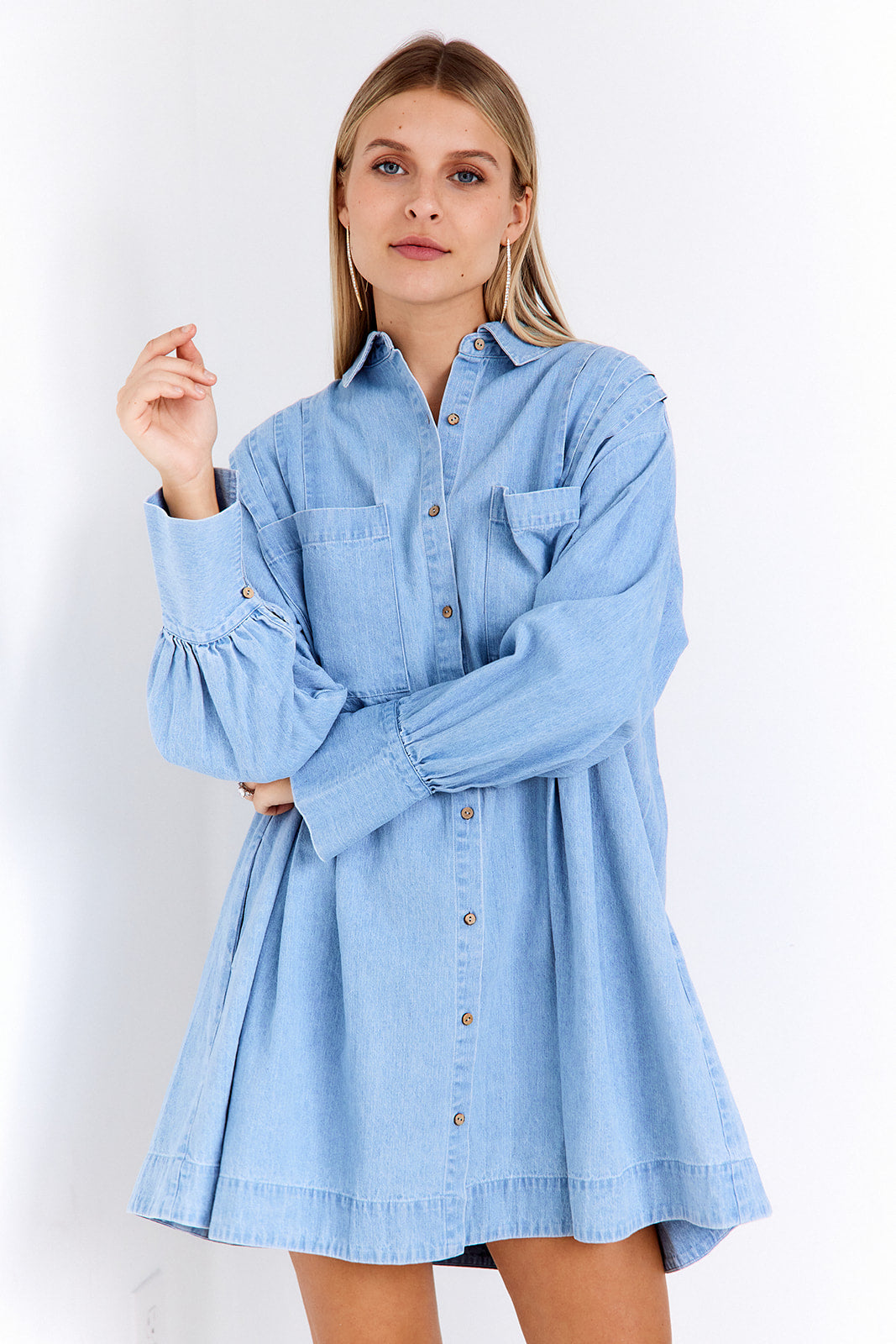 Vega Button Front Denim Shirt Mini Dress - fab'rik