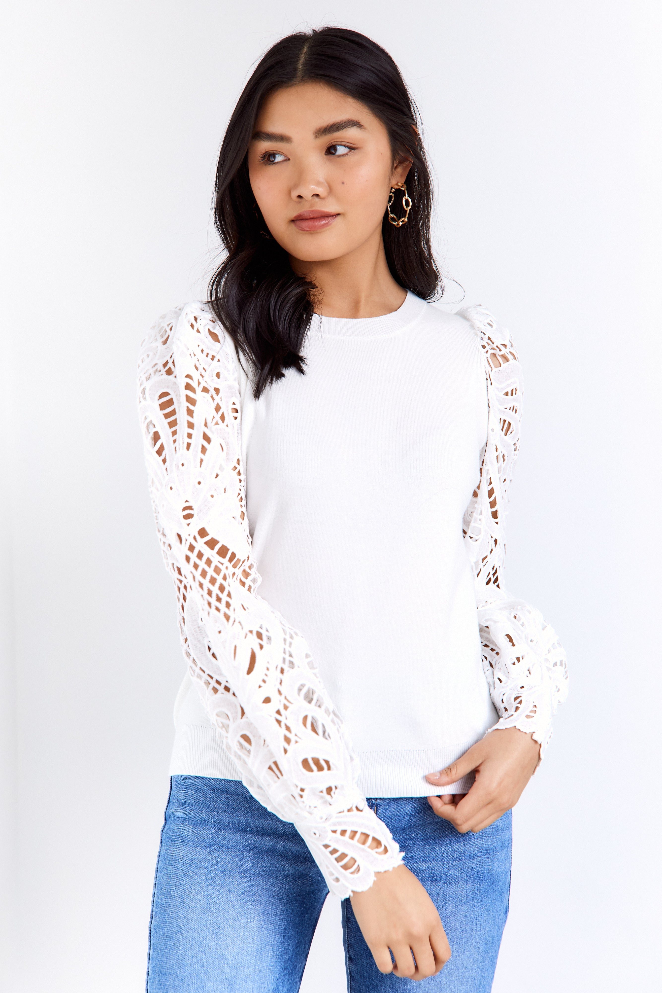 Parker Lace Sleeve Crew Neck Sweater - fab'rik