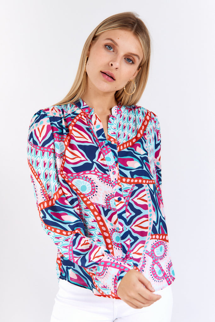 Hanna Banded Collar Button Front Blouse - fab'rik