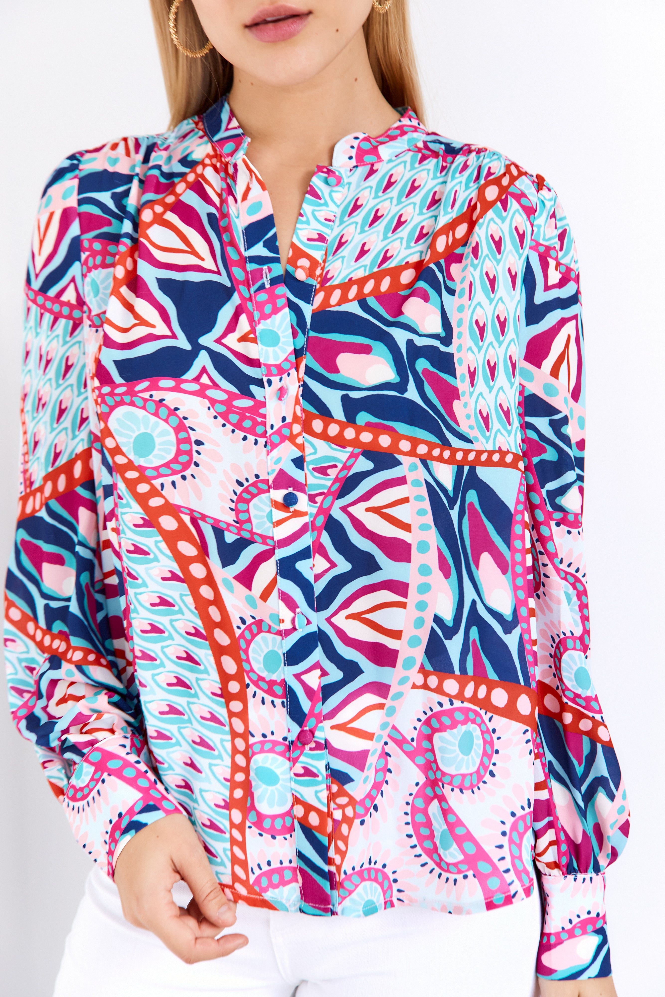 Hanna Banded Collar Button Front Blouse - fab'rik