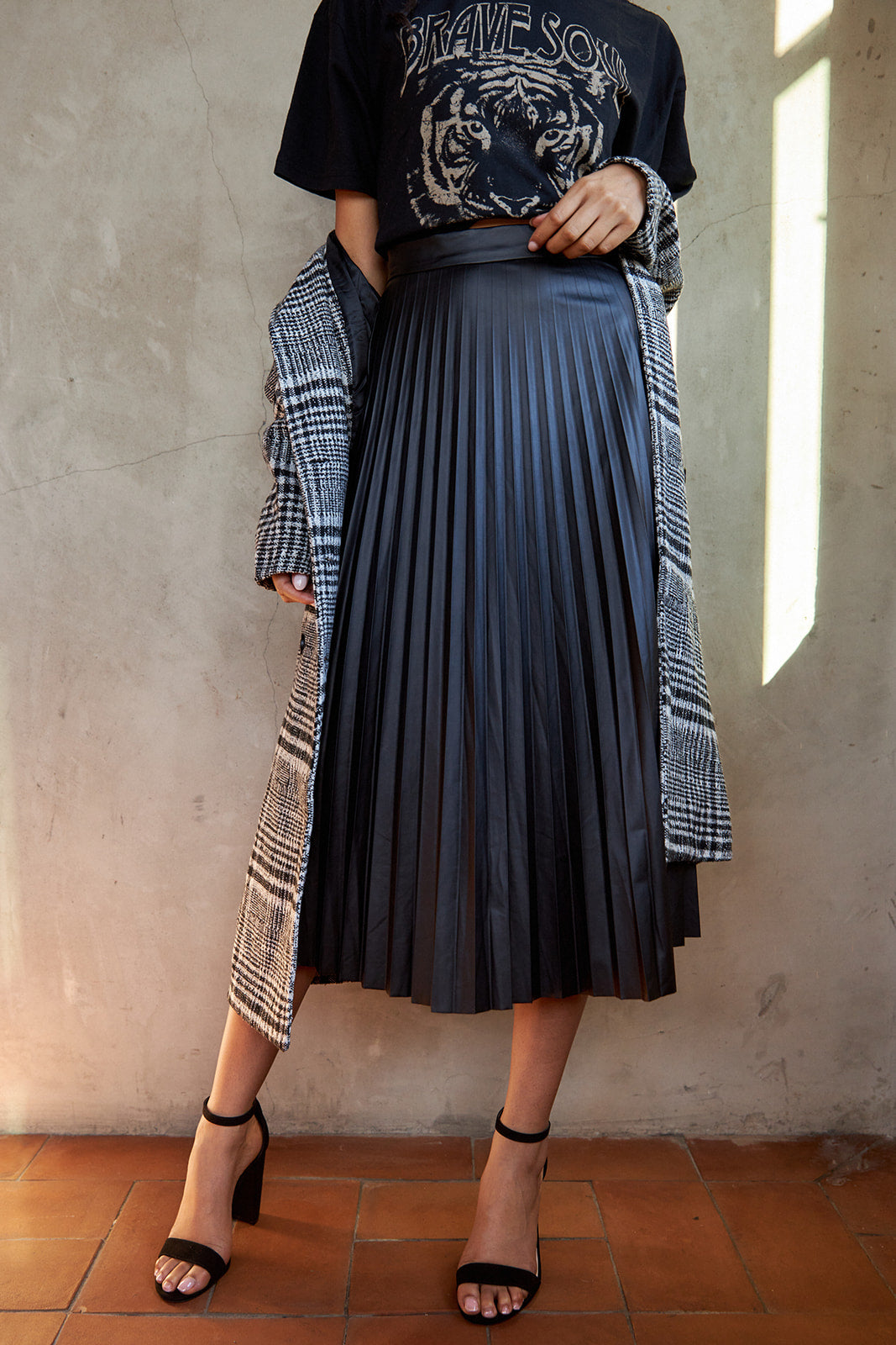 SALE - Abby Faux Leather Pleated Midi Skirt - fab'rik