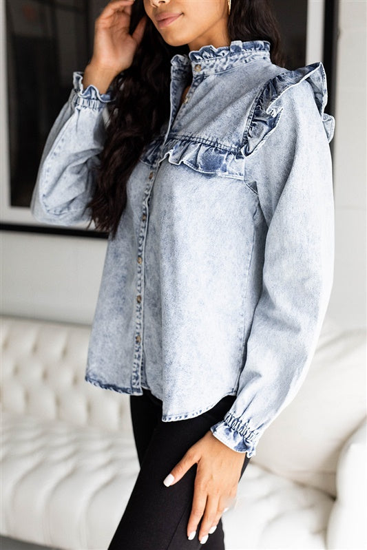 SALE - Maycee Ruffle Detail Denim Blouse - fab'rik
