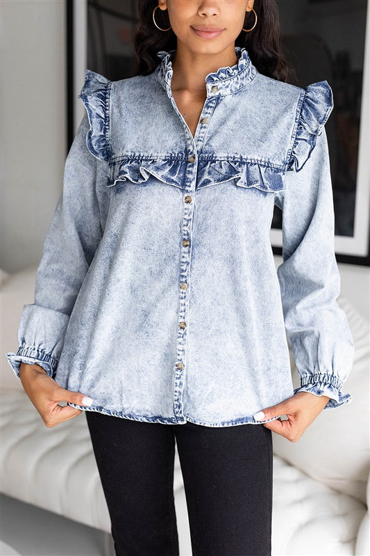 SALE - Maycee Ruffle Detail Denim Blouse - fab'rik