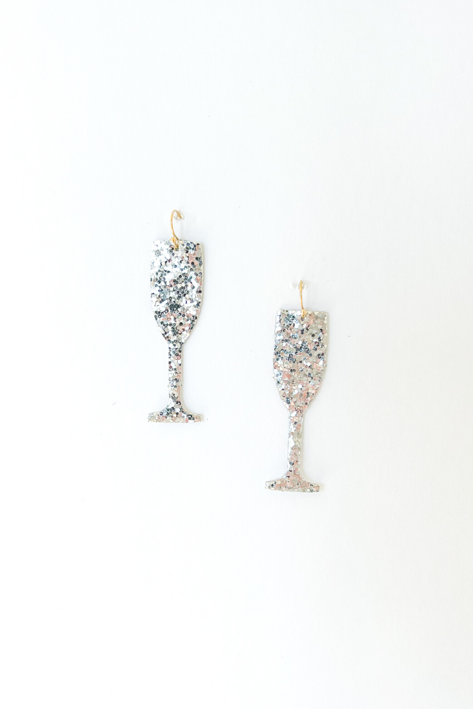 Monica Silver Glitter Champagne Glass Earrings - fab'rik
