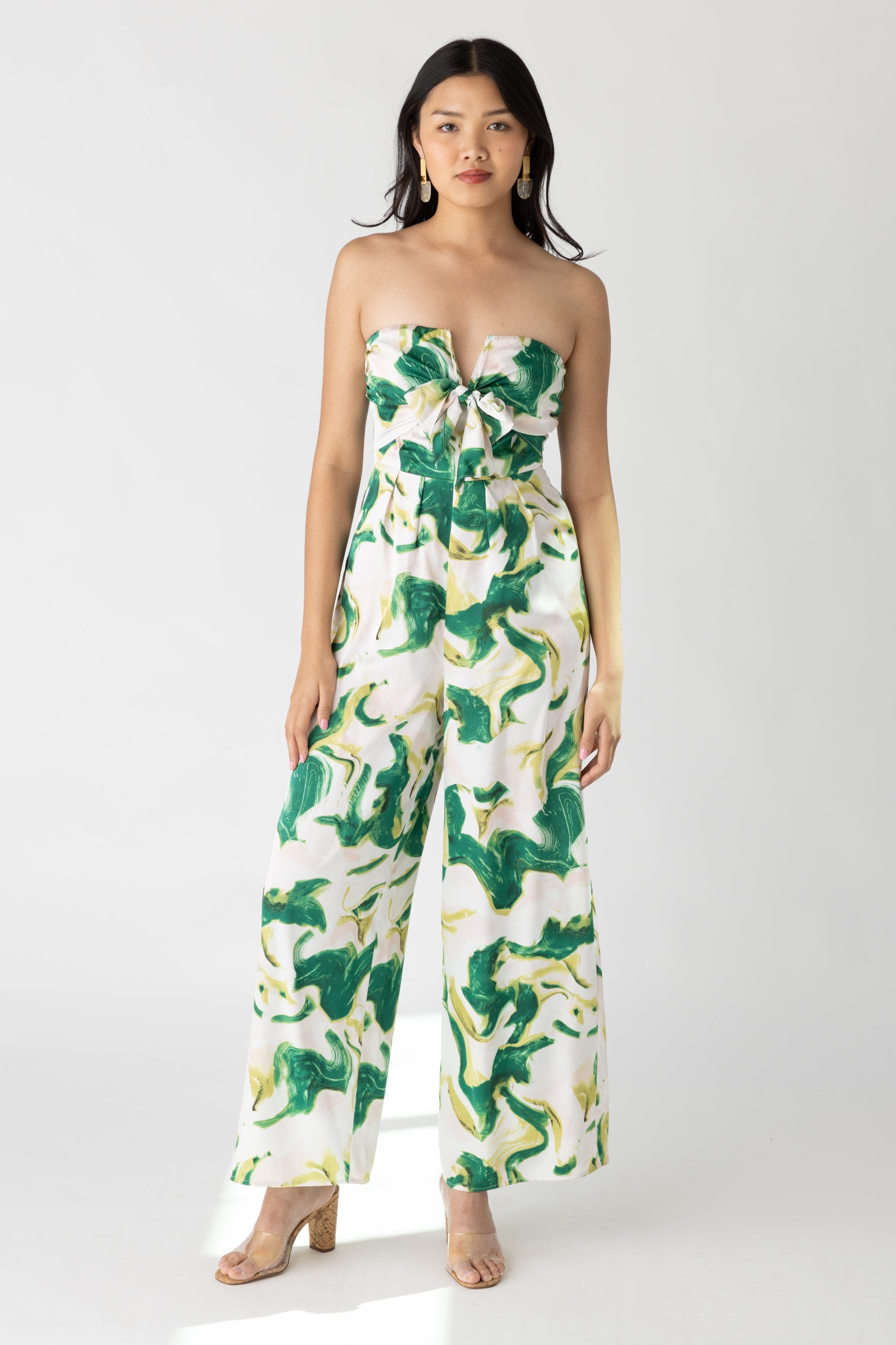 Cece Printed Front Tie Strapless Jumpsuit - fab'rik