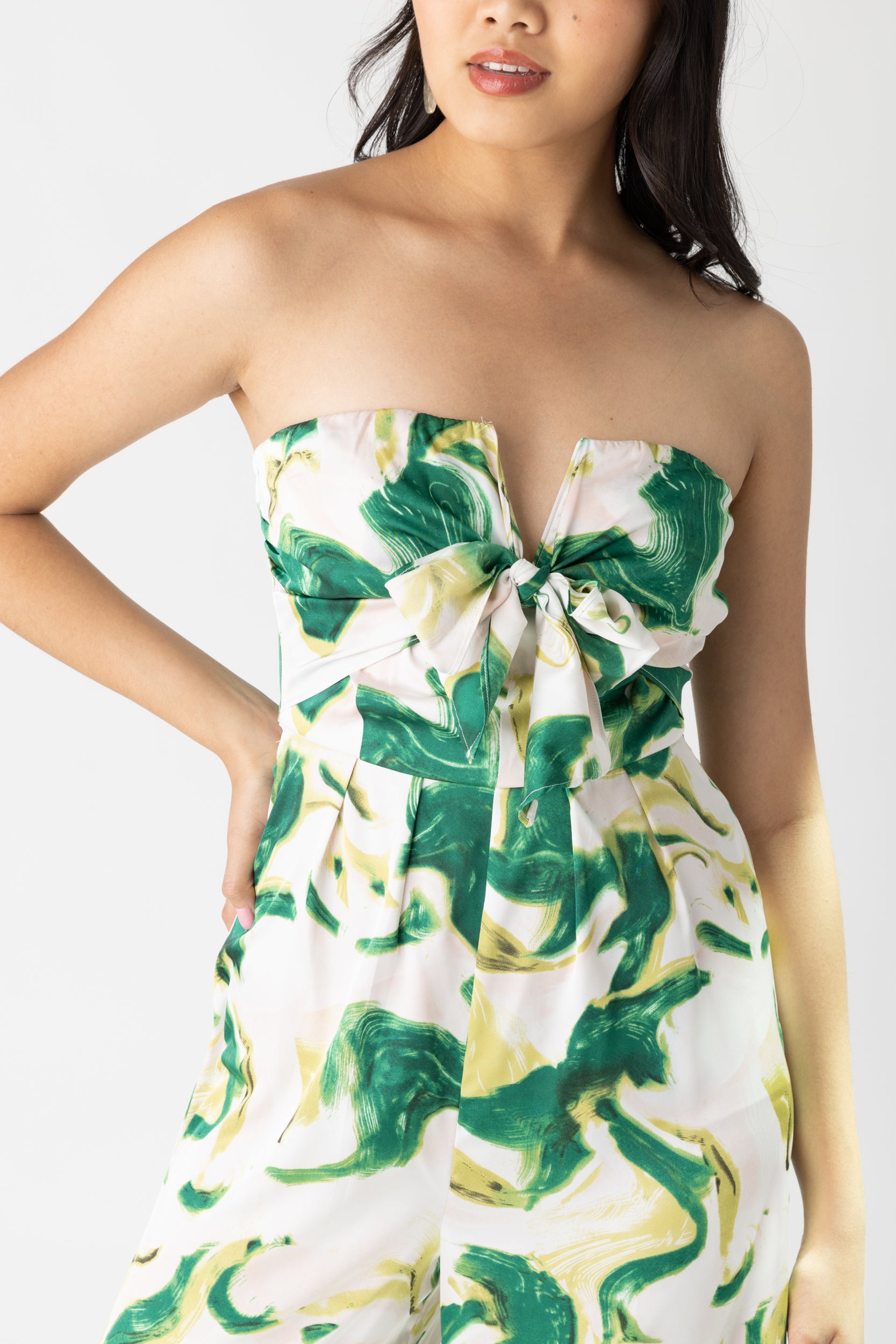 Cece Printed Front Tie Strapless Jumpsuit - fab'rik