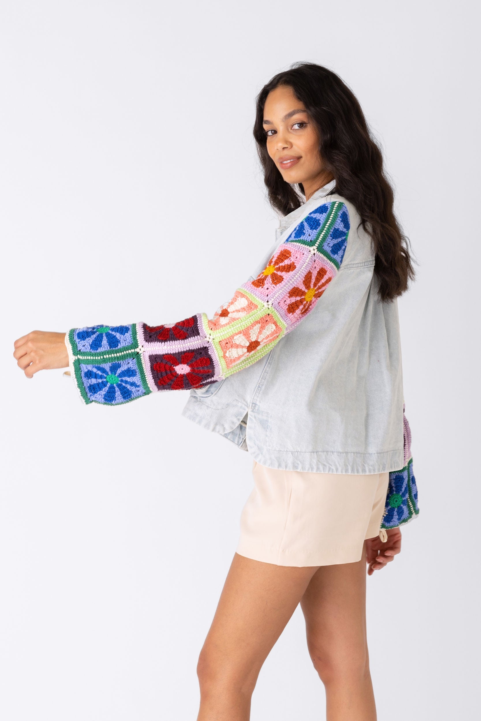 Young Love Crochet Sleeve Denim Jacket - fab'rik