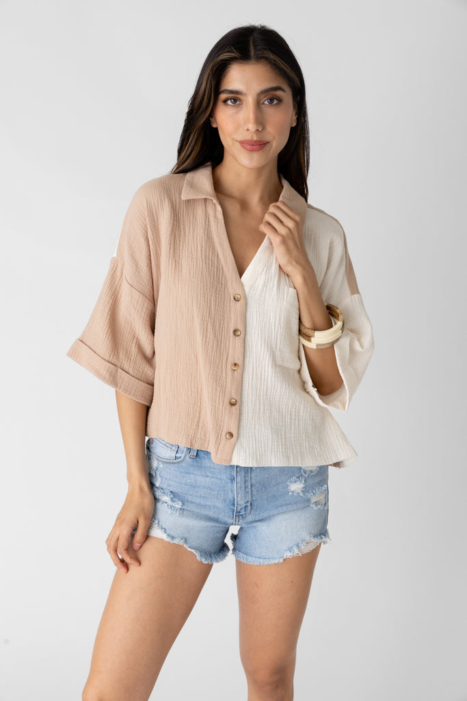 Eleanor Cropped Color Block Button Down Top - fab'rik