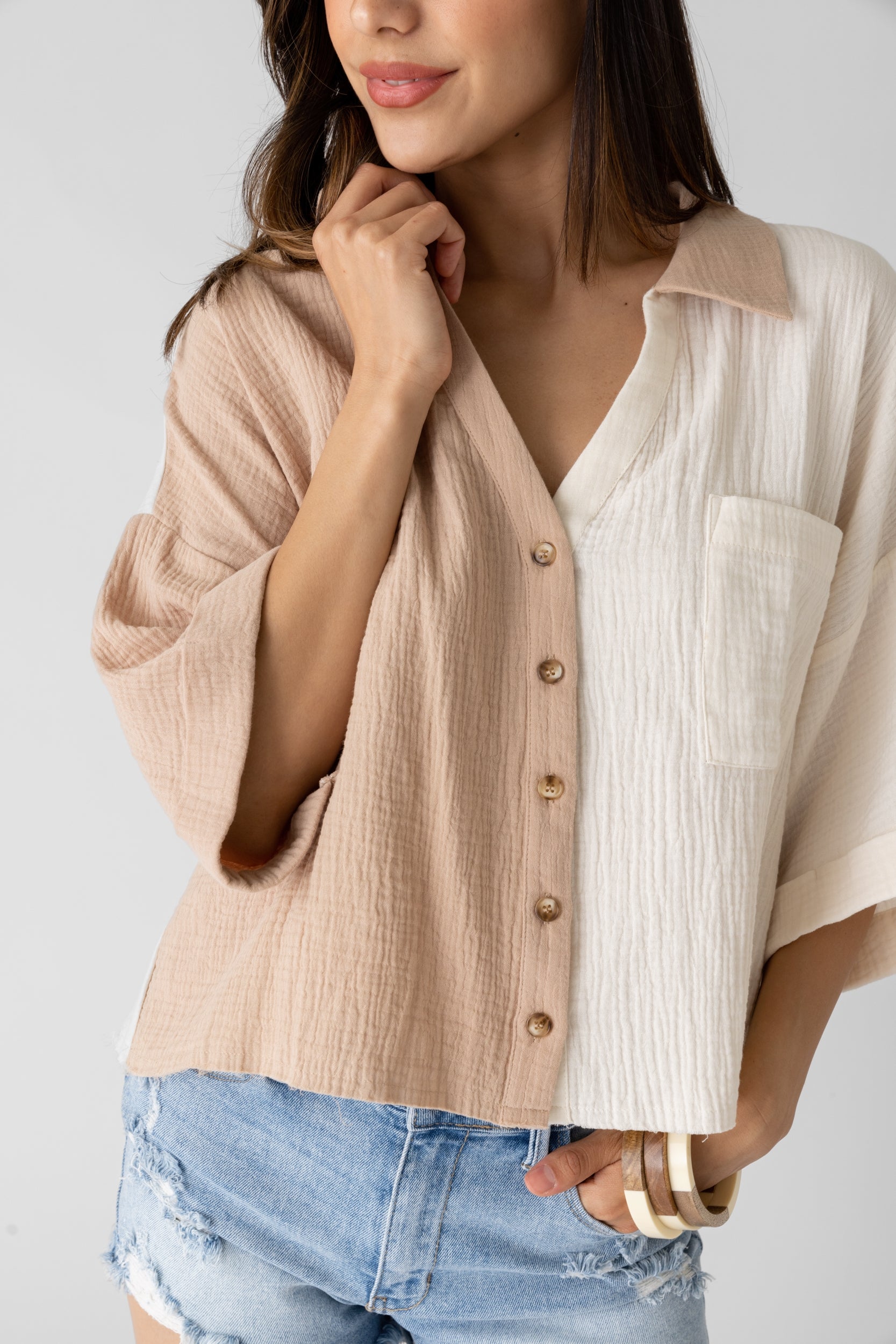 Eleanor Cropped Color Block Button Down Top - fab'rik