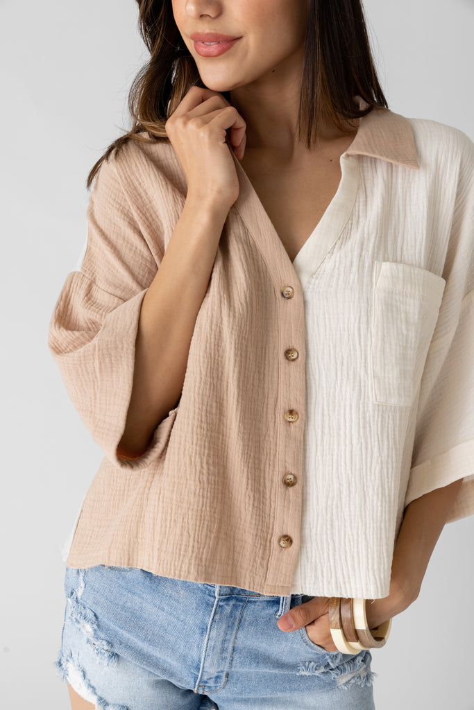 Eleanor Cropped Color Block Button Down Top - fab'rik