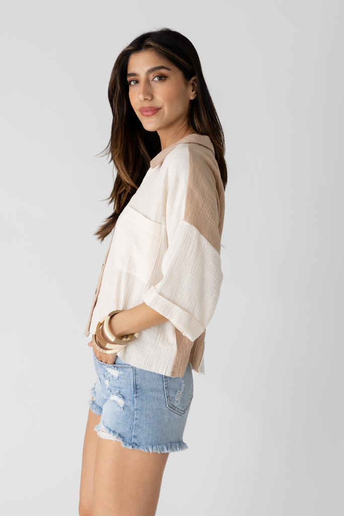 Eleanor Cropped Color Block Button Down Top - fab'rik