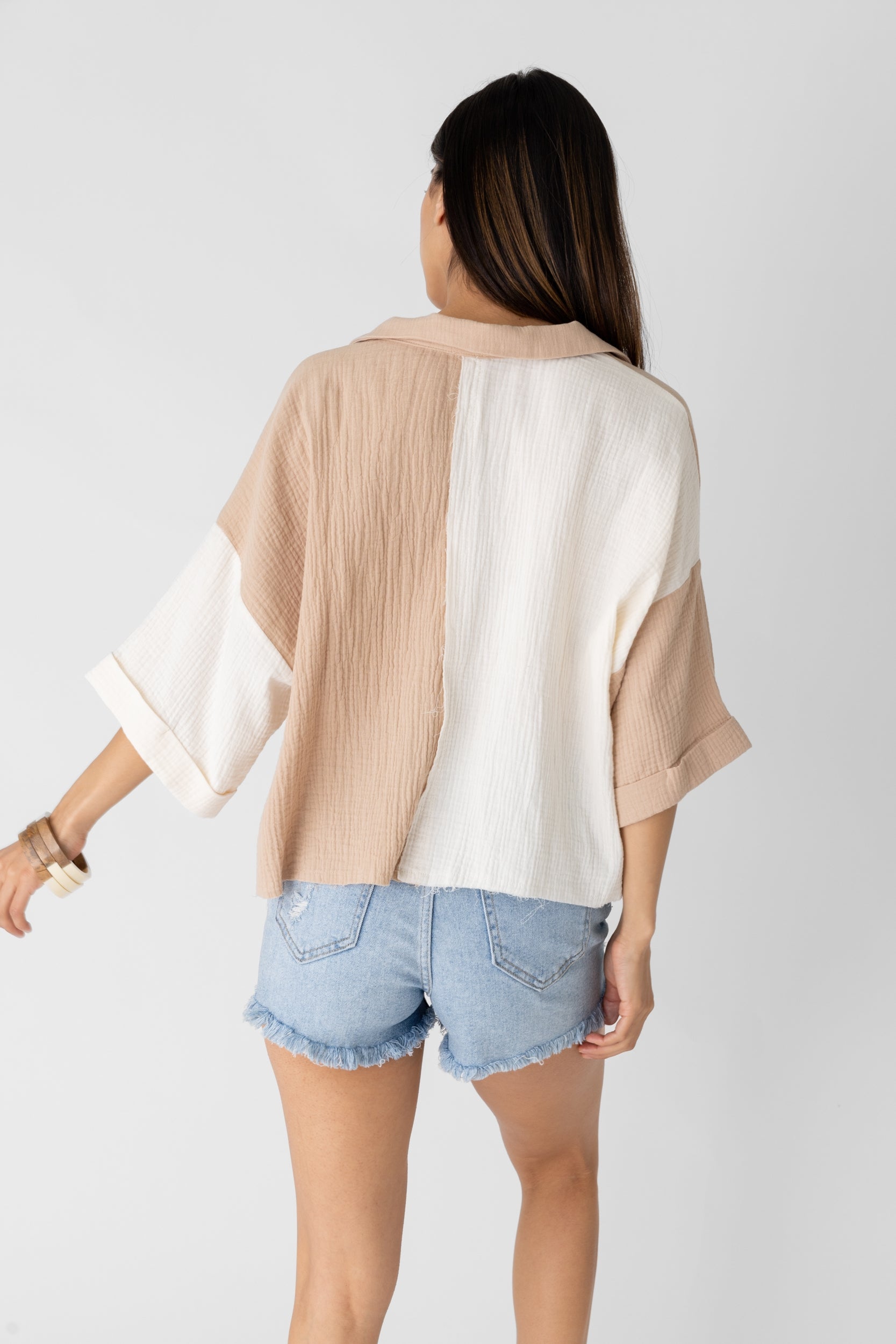 Eleanor Cropped Color Block Button Down Top - fab'rik