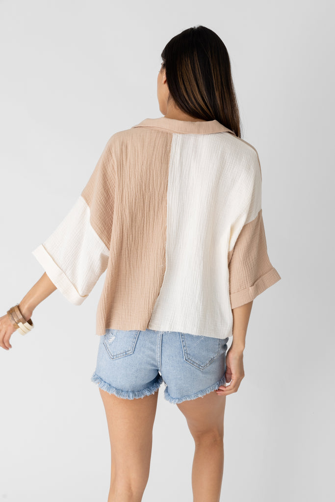 Eleanor Cropped Color Block Button Down Top - fab'rik