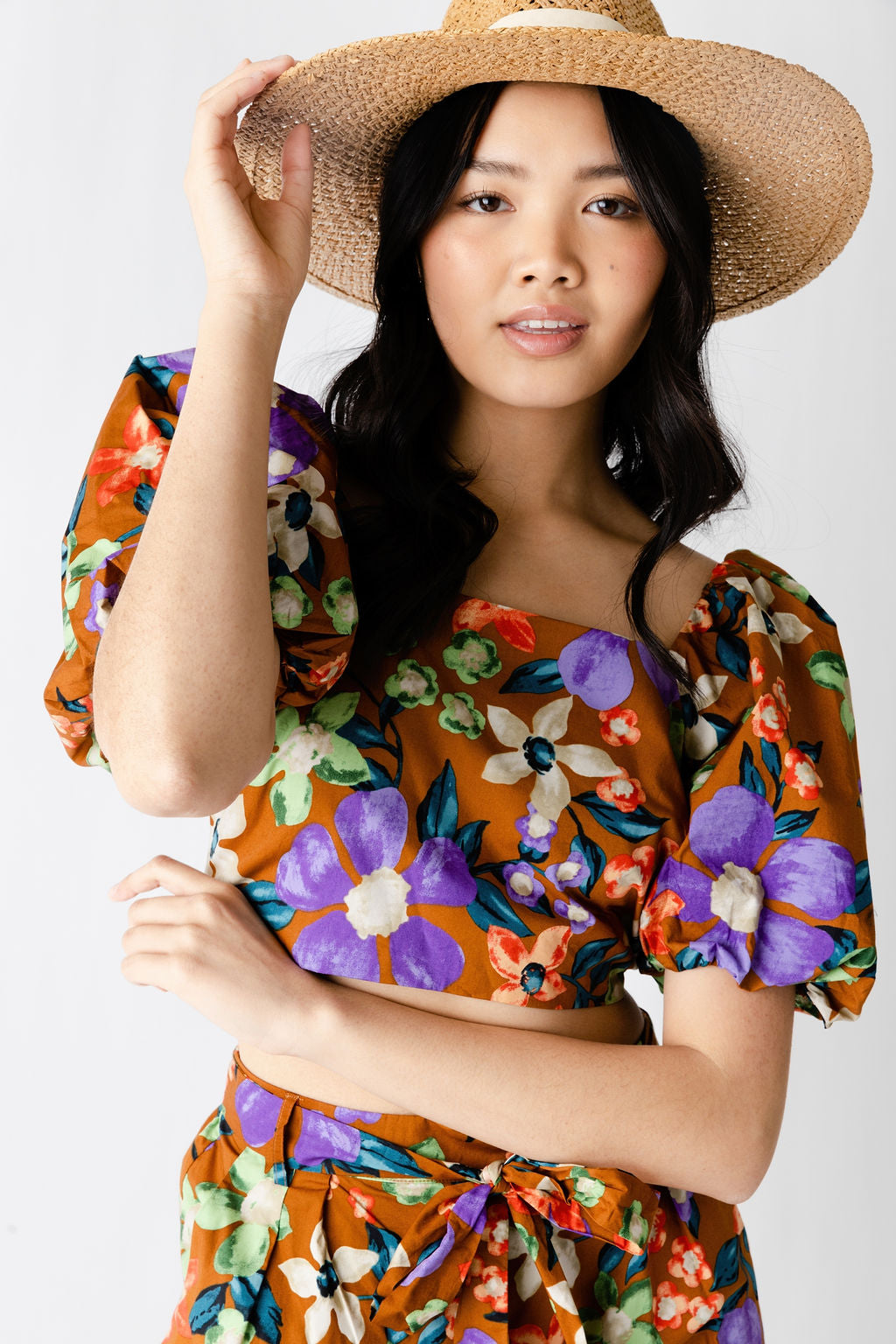 Blakely Floral Cropped Bubble Sleeve Top - fab'rik
