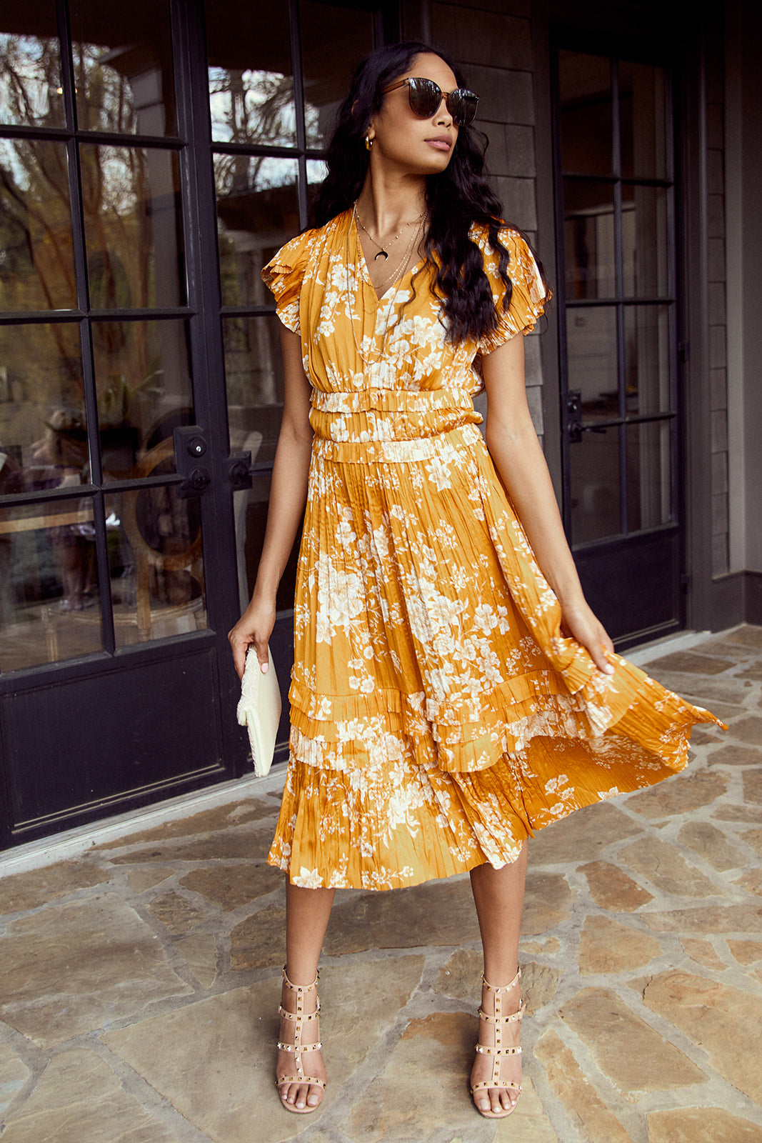 SALE - Ames Floral Print Pleated Midi Dress - fab'rik