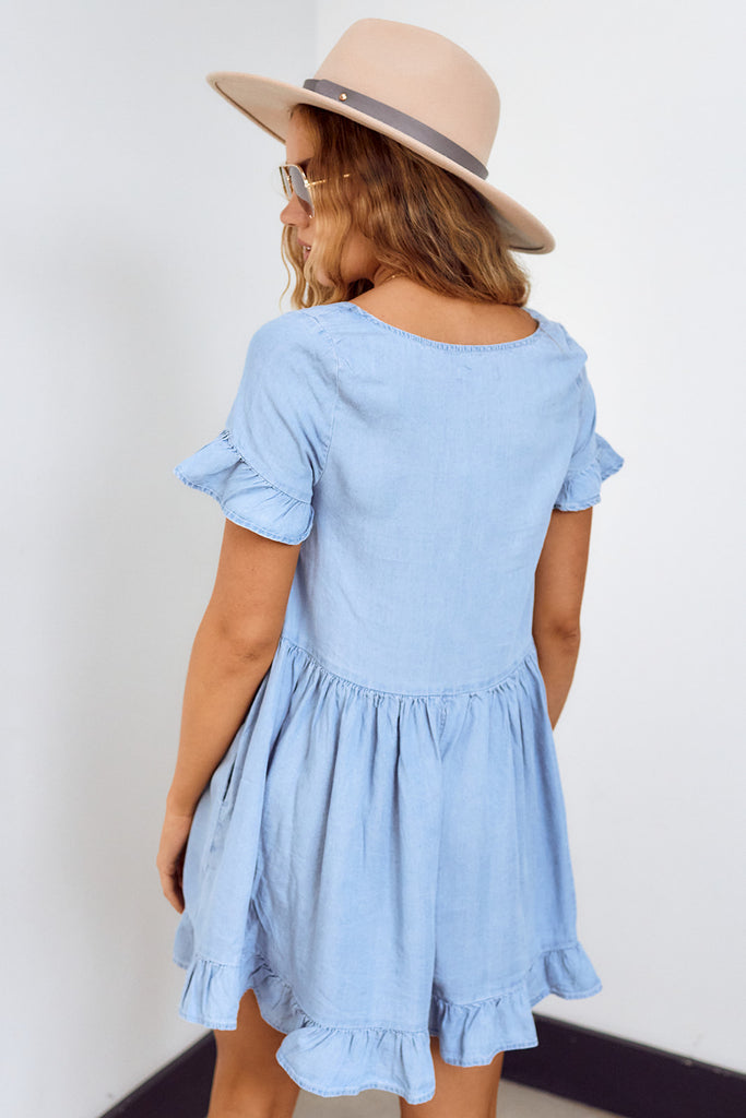SALE - Barra Denim Ruffled Sleeve Mini Dress - fab'rik
